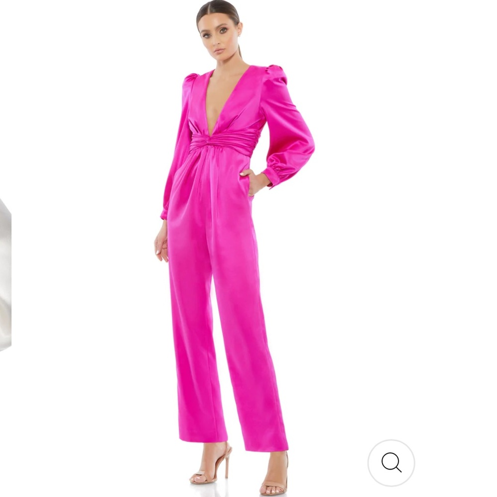 Mac Duggal FRONT TWIST PUFF SLEEVE DEEP V JUMPSUIT Size 6 Hot Pink